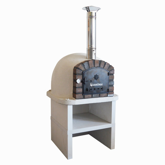 The Premier Wood Fired Pizza Oven with Stand from Xclusive Decor features a dome-shaped design with a brick arch and metal chimney, all set on a durable limestone stand. The oven door is closed and adorned with the brand's logo, making this compact and modern design ideal for outdoor cooking enthusiasts.