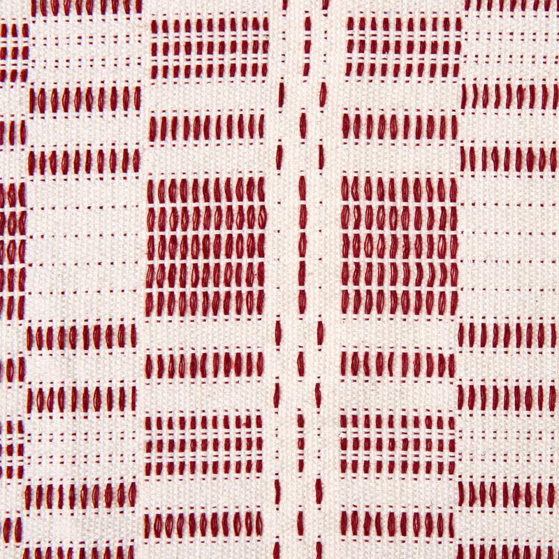 A detailed view of a woven textile pattern, perfect for family use, showcases vertical and horizontal grids in red and cream. This design incorporates rectangular shapes and dotted lines, echoing the intricate textures characteristic of an Amazonas Rio Bordeaux cotton hammock.