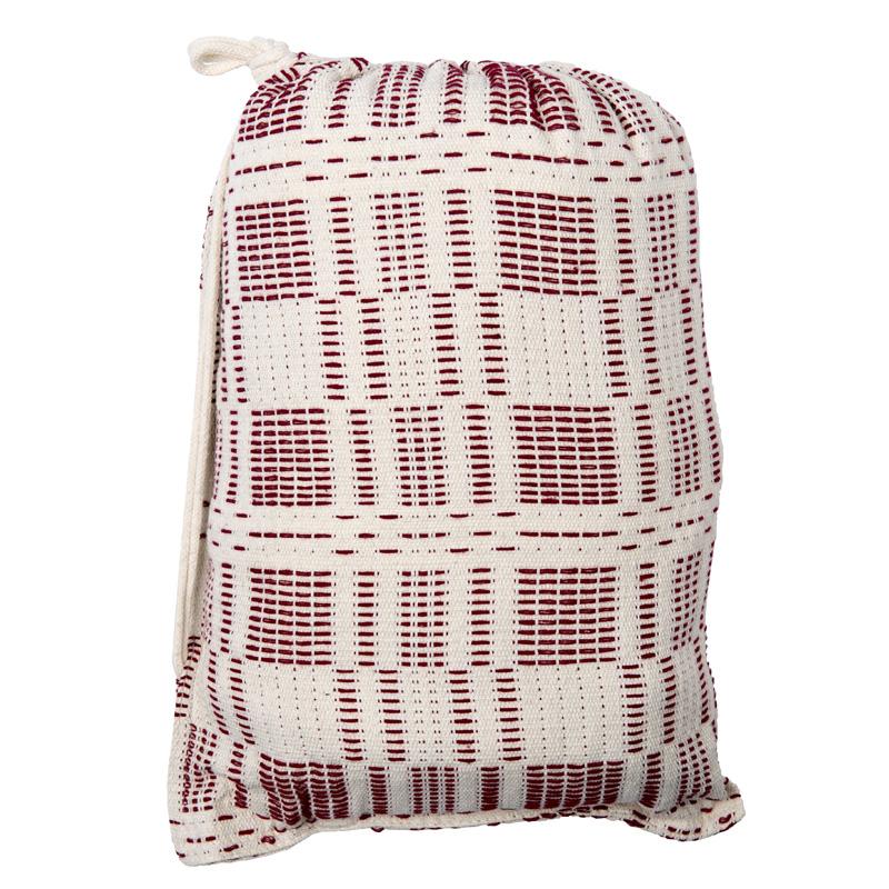 A rectangular drawstring bag, perfect for family use, showcases a woven red and white plaid design similar to the cozy patterns found in the Amazonas Rio Bordeaux Hammock collection.