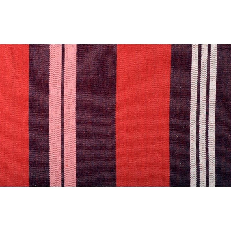 The Amazonas Salsa Fuego Hammock textile pattern exhibits a lively combination of vertical stripes in red, pink, and dark purple hues. This design juxtaposes thick and thin stripes to create a striking visual contrast, perfectly suited for the durable EllTex material.