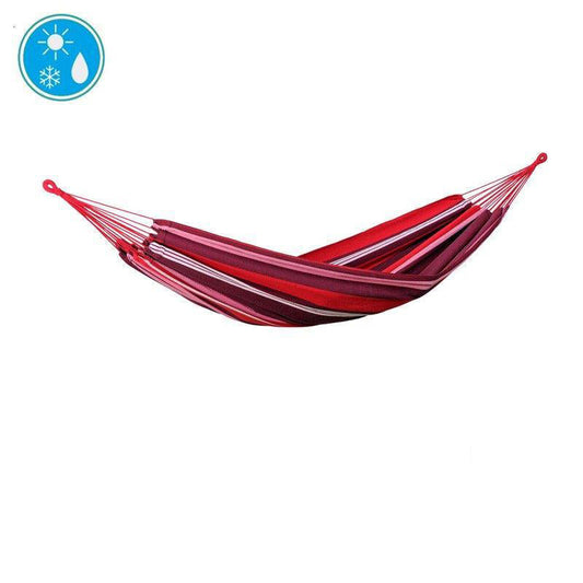 The Amazonas Salsa Fuego Hammock, showcasing a red and pink striped pattern, is set against a plain white backdrop. In the top left corner, icons of a snowflake and water droplet emphasize its weatherproof EllTex material.