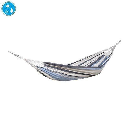 The Salsa Marine Hammock by Amazonas, featuring stripes in shades of blue, gray, and white, is displayed on a plain white background. A small icon in the top left corner emphasizes its weatherproof design for enhanced durability.