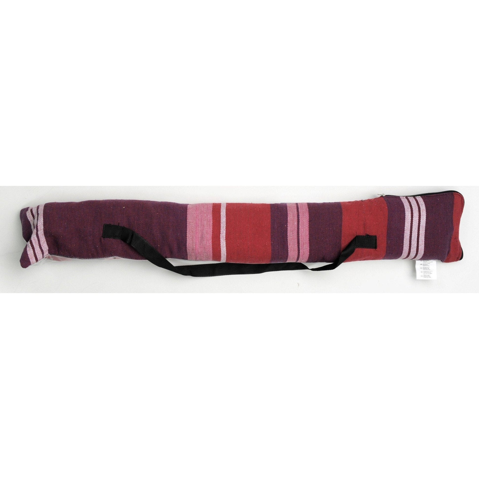 Introducing the Samba Fuego Hammock by Amazonas, crafted with durable EllTex fibers to withstand the elements. This hammock displays horizontal stripes in vibrant shades of red, pink, and purple and features a convenient black handle for easy carrying.