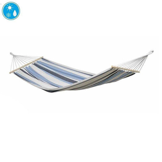 The Samba Marine Hammock by Amazonas, designed in shades of blue, white, and gray, hangs gracefully with ropes at both ends. Made from Elltex fibers, its soft and flowing fabric offers an ideal spot for outdoor relaxation.