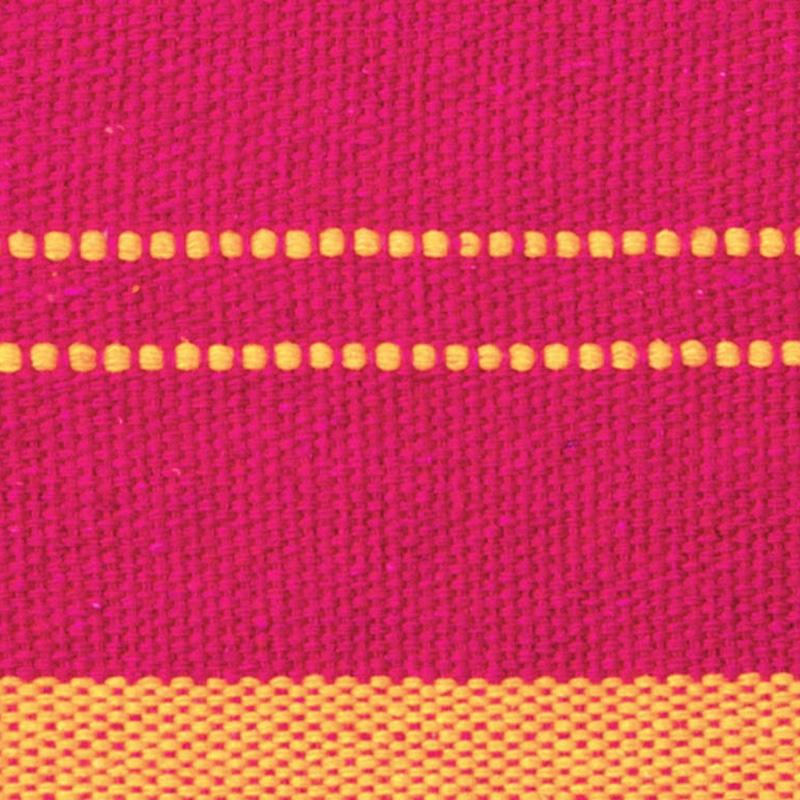 A close-up of the Santana Hammock Pink by Amazonas showcases its woven Brazilian fabric with vibrant magenta and yellow stripes. The visible texture, featuring alternating dotted lines and solid sections, creates an intricate pattern that exudes colorful comfort.