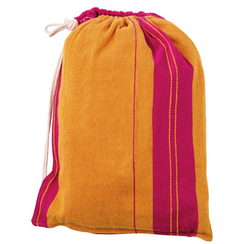 The Amazonas Santana Hammock Pink drawstring bag showcases a lively combination of bright orange, magenta, and Santana Hammock Pink vertical stripes. With a secure white drawstring closure at the top, it’s ideal for carrying your essentials in vibrant style.