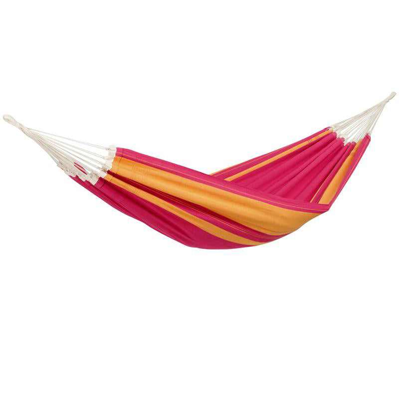 The Santana Hammock Pink by Amazonas is a lively Brazilian hammock showcasing alternating stripes in red, orange, and pink hues. This colorful comfort is equipped with durable white rope loops at each end for simple hanging.