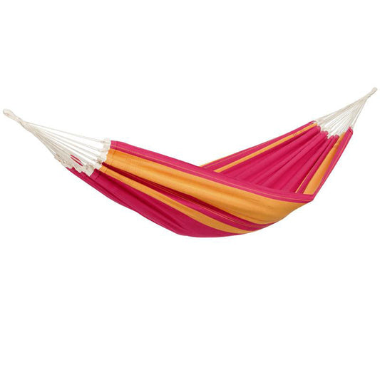 The Santana Hammock Pink by Amazonas is a lively Brazilian hammock showcasing alternating stripes in red, orange, and pink hues. This colorful comfort is equipped with durable white rope loops at each end for simple hanging.