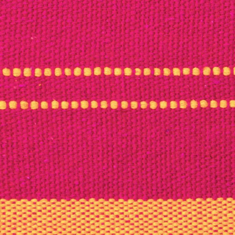 The Santana Hammock Set by Amazonas showcases a close-up of its woven fabric, reminiscent of Brazilian craftsmanship. The design features horizontal stripes in alternating shades of magenta and yellow, interspersed with small, evenly spaced dots and thicker solid bands, resulting in a vibrant and textured appearance.