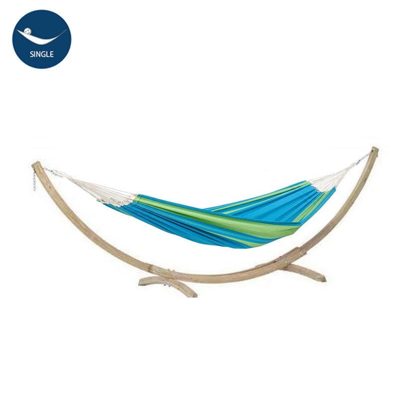 Displayed on a Kronos Stand, the Santana Hammock Set by Amazonas highlights Brazilian artistry with its vibrant fabric boasting blue and green stripes. The elegantly curved wooden stand is tailored for one person, as indicated by the Single label positioned in the top left corner against a simple white backdrop.