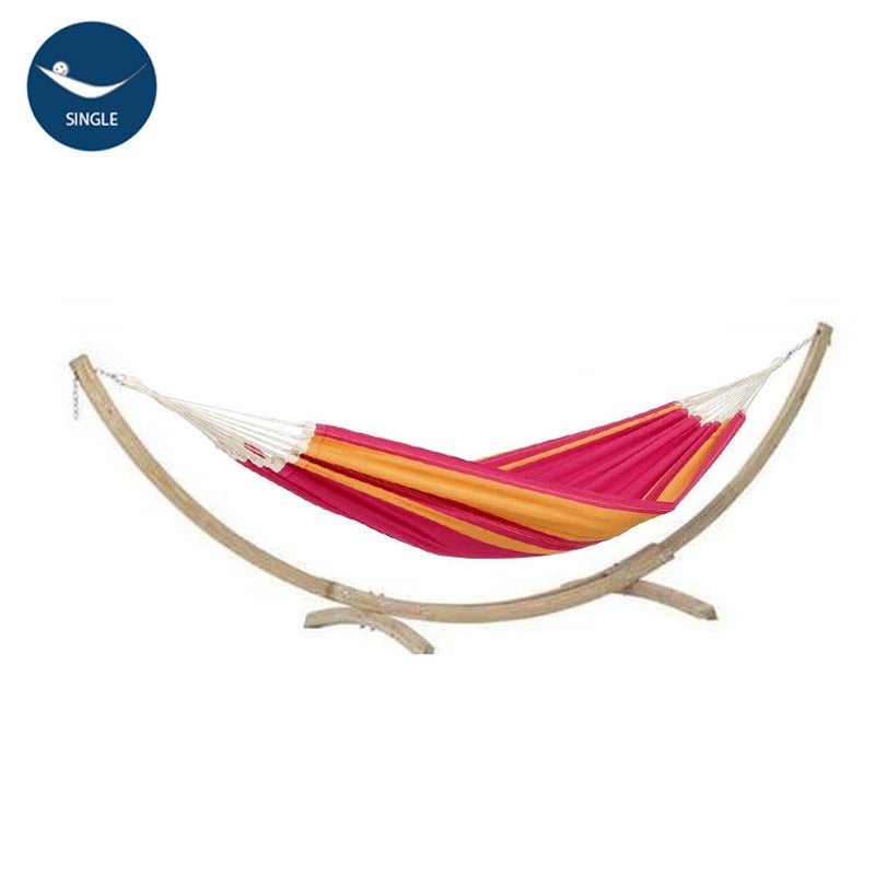 The Santana Hammock Set by Amazonas features a pink and orange fabric hammock, showcasing Brazilian craftsmanship, suspended on a Kronos Stand with a Single label in the upper left corner, set against a pristine white background.