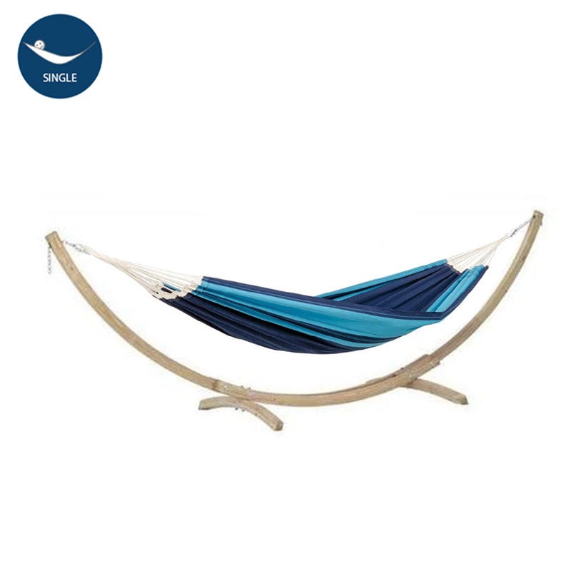 An exquisite Santana Hammock Set by Amazonas, featuring blue and teal stripes that highlight Brazilian craftsmanship, hangs elegantly on a Kronos Stand against a white background. The top left corner is labeled with "Single.