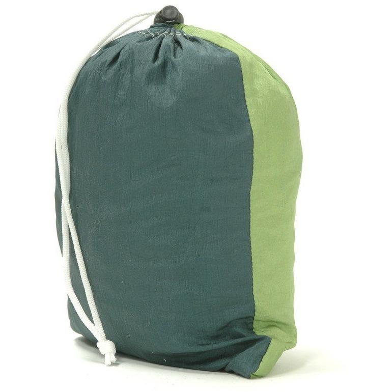 An Amazonas Silk Traveller Forest Hammock in green and dark teal, featuring a ripstop nylon construction with white cords, stands upright against a white background—perfect for the outdoor enthusiast and hammock lover.