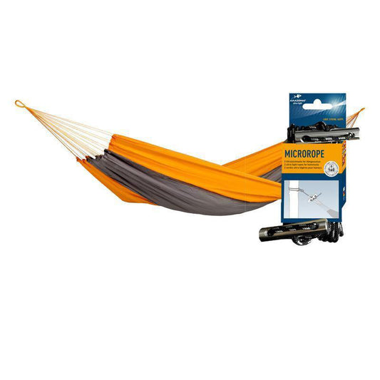 A vibrant orange and gray Silk Traveller Techno Hammock Set by Amazonas, crafted from durable Ripstop Nylon, is showcased with its Micro Ropes packaging. The packaging highlights metal clips fastened with black rope, ideal for outdoor enthusiasts seeking a secure and adventurous experience.