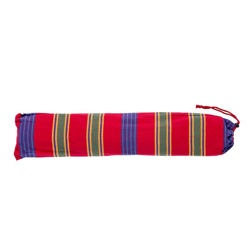 Introducing the Amazonas Star Hammock Set—an elegant red fabric draft stopper highlighted by blue and green vertical stripes. This unique cylindrical design includes a drawstring closure at one end, making it a chic and cozy addition that not only complements any space but also effectively keeps the chill at bay.