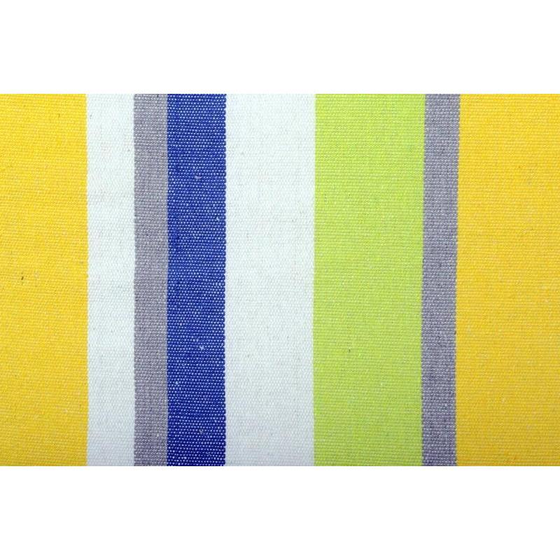 A close-up of the Tahiti Kolibri Hammock by Amazonas reveals its vibrant striped fabric, featuring vertical bands in yellow, light gray, blue, white, lime green, and dark gray. The prominently woven texture emphasizes the hammock's durable fibers and ability to withstand various weather conditions.