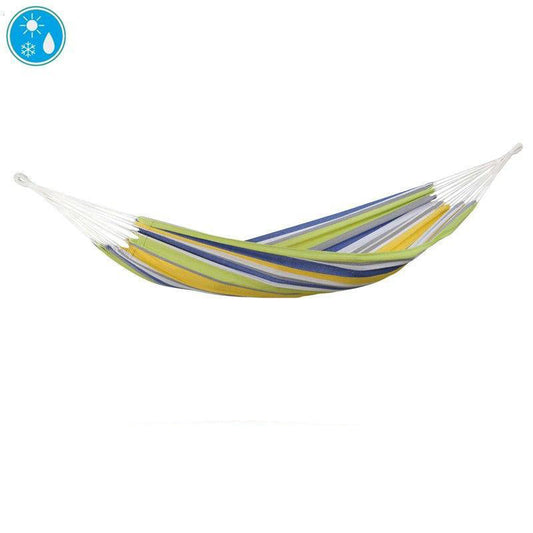 The Amazonas Tahiti Kolibri Hammock, crafted with vibrant, weather-resistant fibers featuring stripes in blue, yellow, green, and white, is gracefully suspended against a simple white background. Small icons indicating different weather conditions appear in the upper left corner.