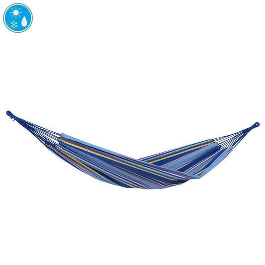 The Amazonas Tahiti Ocean Hammock, featuring vibrant blue stripes, is elegantly suspended with its ends drawn together. An icon in the top left corner displays a sun, raindrop, and snowflake, highlighting its outstanding weather resistance.