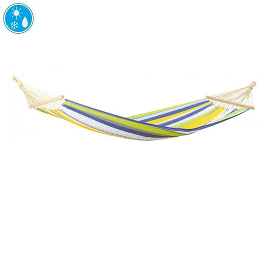 The Tonga Kolibri Hammock from Amazonas, ideal for solo relaxation, showcases a striped pattern in green, blue, yellow, and white. Its design is enhanced with a wooden spreader bar that provides structure and is complemented by icons displaying its weather-resistant features against a plain white background.