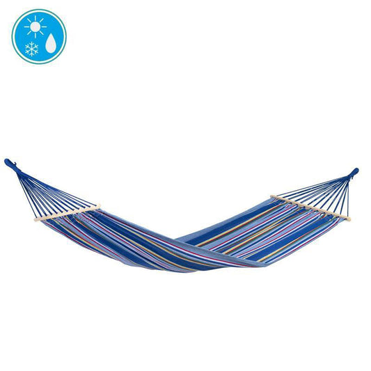 Discover the Amazonas Tonga Ocean Hammock, featuring a unique striped blue and multicolored fabric design with wooden spreader bars for optimal solo relaxation. Its weather-resistant icons are conveniently located in the top left corner, ensuring suitability for sun and snow conditions alike—making it perfect for outdoor use.