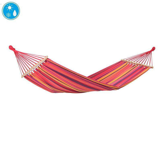 The Amazonas Tonga Vulcano Hammock, adorned with striking red and orange stripes, is gracefully held by hardwood spreader bars. Displayed on a simple white background, its weather resistance is highlighted by a small blue weather icon in the top left corner.