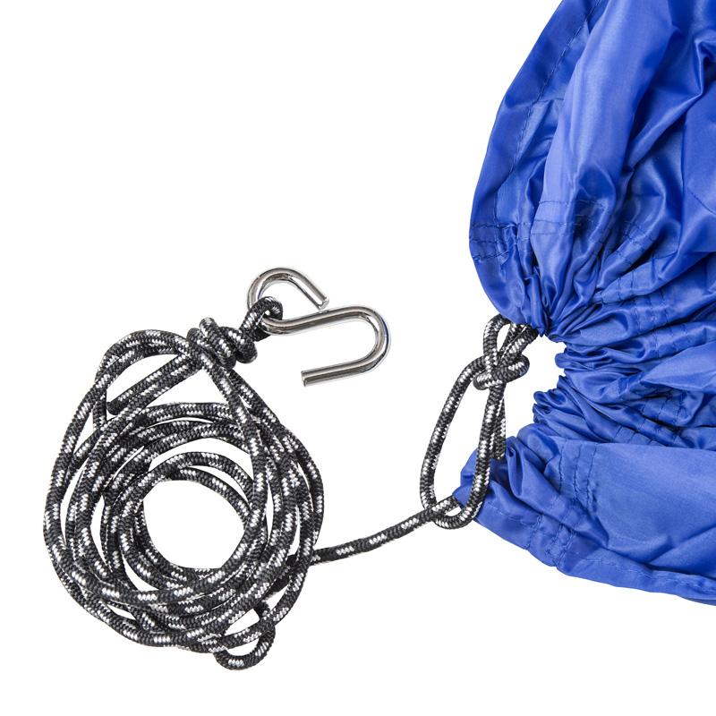 The Travel Hammock Set Blue from Amazonas features a blue ripstop nylon fabric with a drawstring closure at one end, attached to a black and white rope equipped with a metal hook. Ideal for outdoor enthusiasts, the rope is neatly coiled beside the travel hammock.