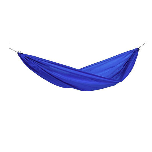 The Travel Hammock Set Blue from Amazonas, crafted from durable ripstop nylon, hangs suspended with a gentle curve against a plain white background, ideal for outdoor enthusiasts seeking both comfort and durability.