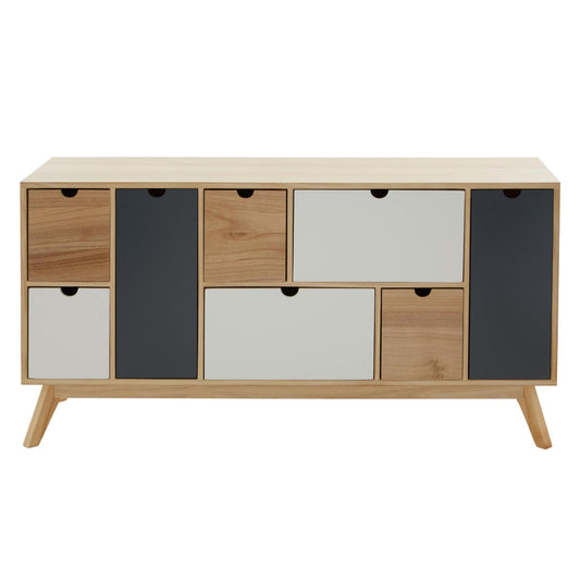 The Wadrin Six Drawer Chest by Decor Trading provides generous storage with its contemporary wooden design. It showcases a combination of beige, black, and natural wood finishes that form an eye-catching geometric pattern. This Scandinavian-inspired piece highlights minimalist design elements and slanted legs for a hint of mid-century modern style.