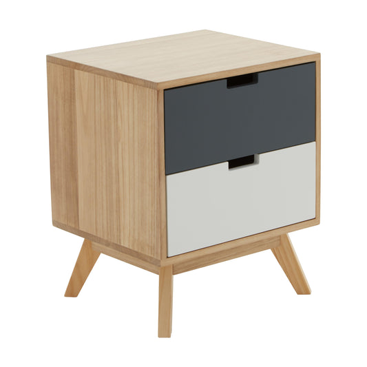 The Wadrin Two Drawer Chest by decor trading is a compact and modern wooden nightstand featuring a chic two-tone design with a dark gray upper drawer and light gray lower drawer. Its angled legs and minimalist aesthetic are influenced by mid-century modern style.