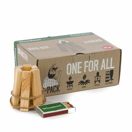 Woodson Firelighters (Box of 6)-Pizza oven accessories-Alfresco Chef-Woodson's eco-friendly firelighters offer a hassle-free solution for quick and easy fire ignition without the need for kindling. Crafted from sustainable wood and cardboard, this natural firelighter offers an environmentally conscious alternative to traditional options. Designed to ignite fires faster and more efficiently, it's the perfect choice for eco-conscious outdoor enthusiasts and homeowners alike.-decor trading